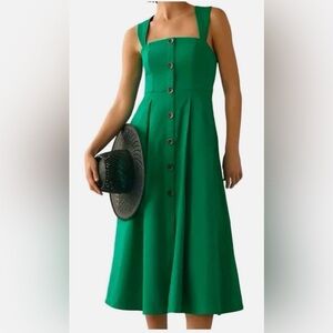 Antropologie Maeve Green Square-Neck Buttondown Midi Dress Sleeveless 8